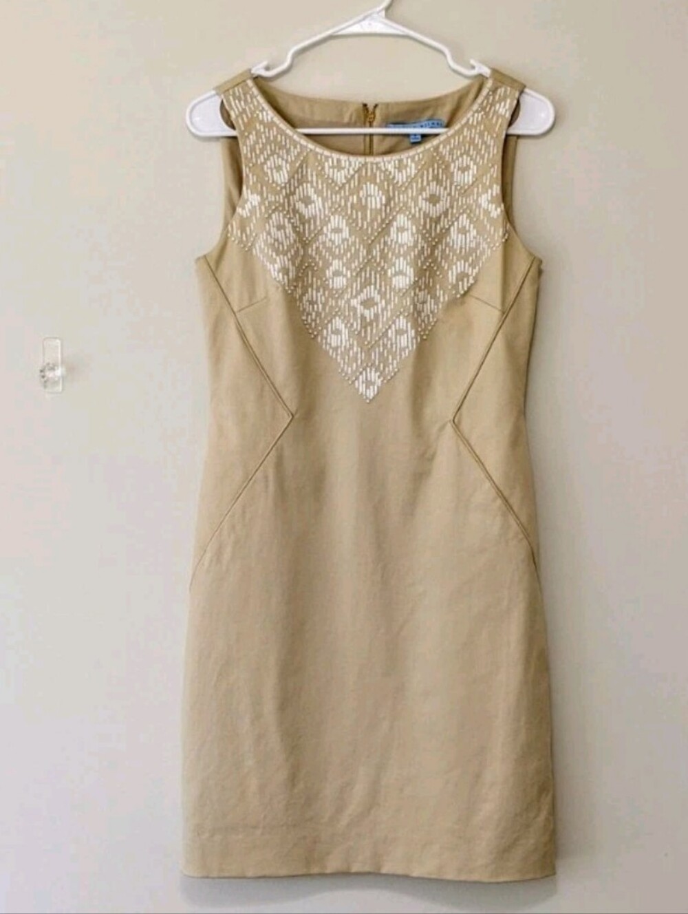 ANTONIO MELANI Khaki Beige Sleeveless Dress with Embroidered Yoke